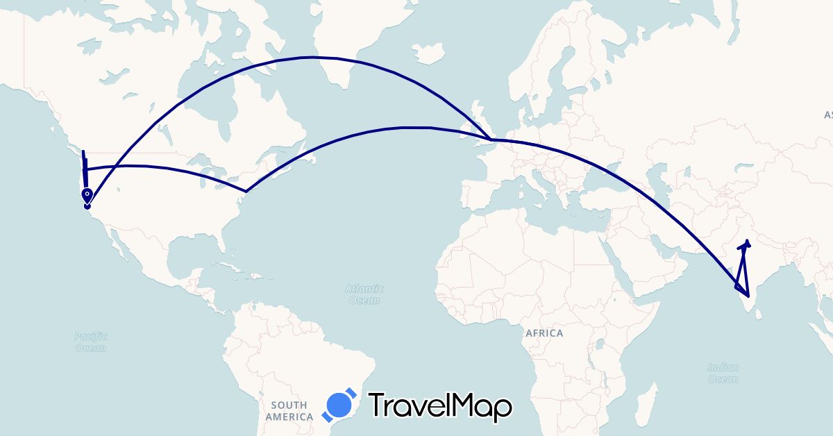 TravelMap itinerary: driving in Canada, United Kingdom, India, United States (Asia, Europe, North America)